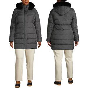 Lands' End Jacket Womens Sz XL Down Quilted Faux Fur Hooded Full Zip Long Puffer